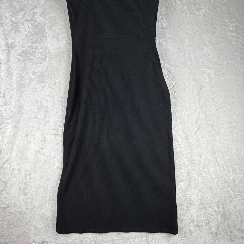 Reformation Black Cassi Ribbed Knit Square‎ Neck Midi Dress Side Slit Womens